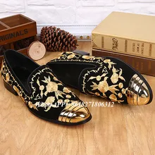 Прямая поставка высокое качество Для мужчин плоской подошве повседневная обувь Большие размеры 37–46 золотой металлик носком вышивка обуви слипоны черная замша мужские лоферы
