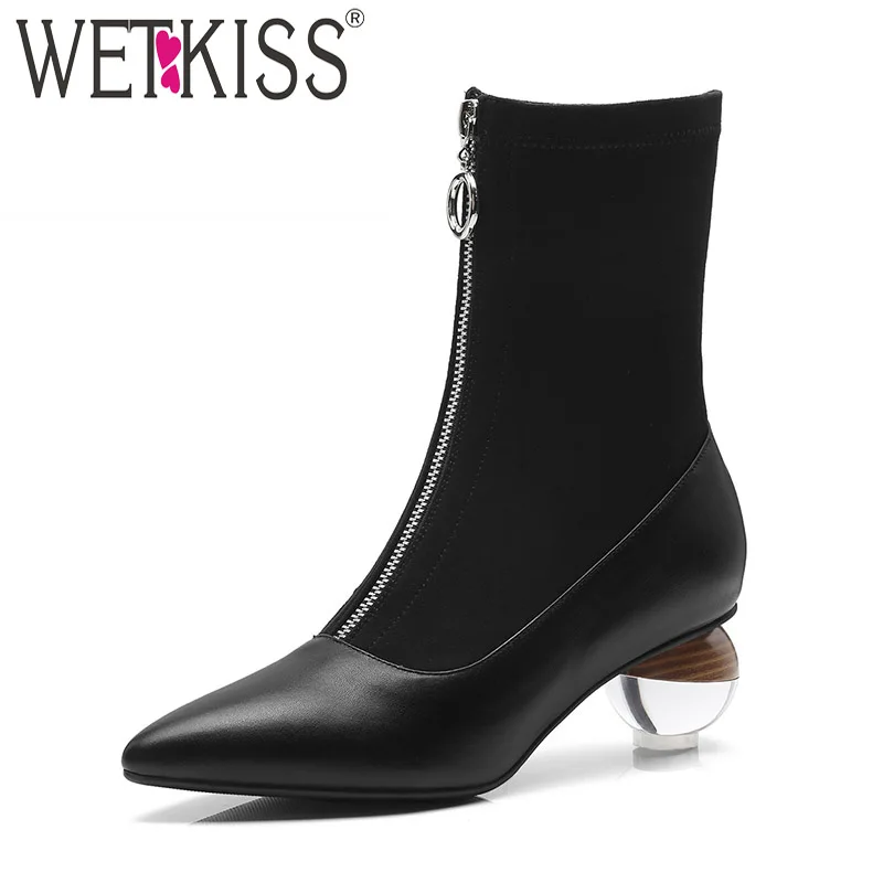 

WETKISS Plus Size 43 Transparent High Heeled Women Ankle Boots Rubber Footwear Leather Stretch Boot Pointed Toe Shoes Women 2018