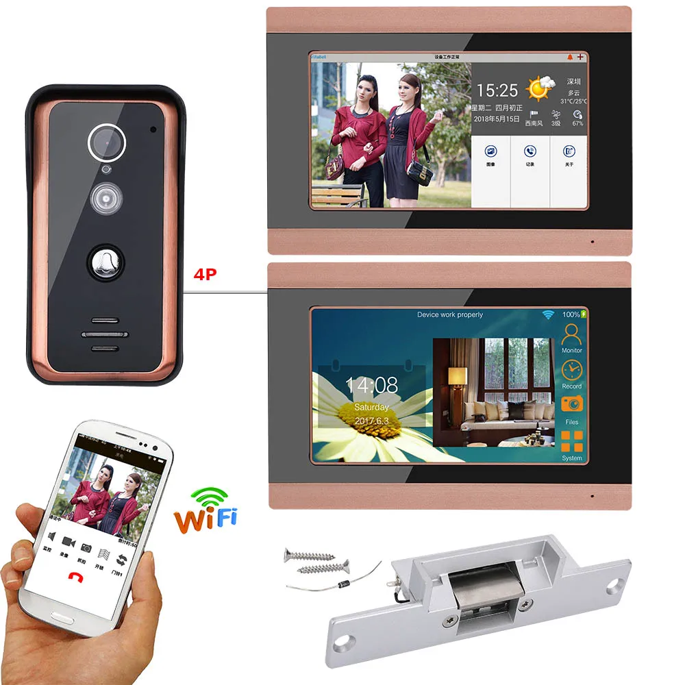 7 inch 2 Monitors 1 Camera Wired Wifi Video Door Phone Rainproof Doorbell Intercom Entry System with Electric Strike Lock