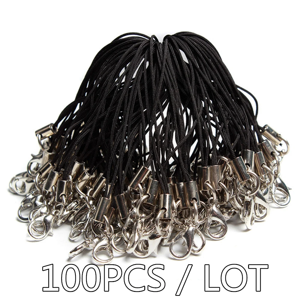 100 Pcs Mobile Phone Mp4 Lobster Clasp Nylon String Strap Black Lobster