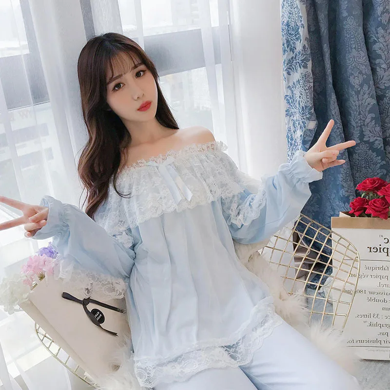 

2019 Summer Women's Pajamas Sets With Pants Lace Female Knitted Cotton Two Pieces Tops + Pants Nightwear Long Sleeve Sleepwear