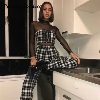 

2 Piece Checkboard Matching Sets Pants Cropped Tops Suit Vintage Women Side Stripe Trousers Houndstooth Bustier Zipper Strapless