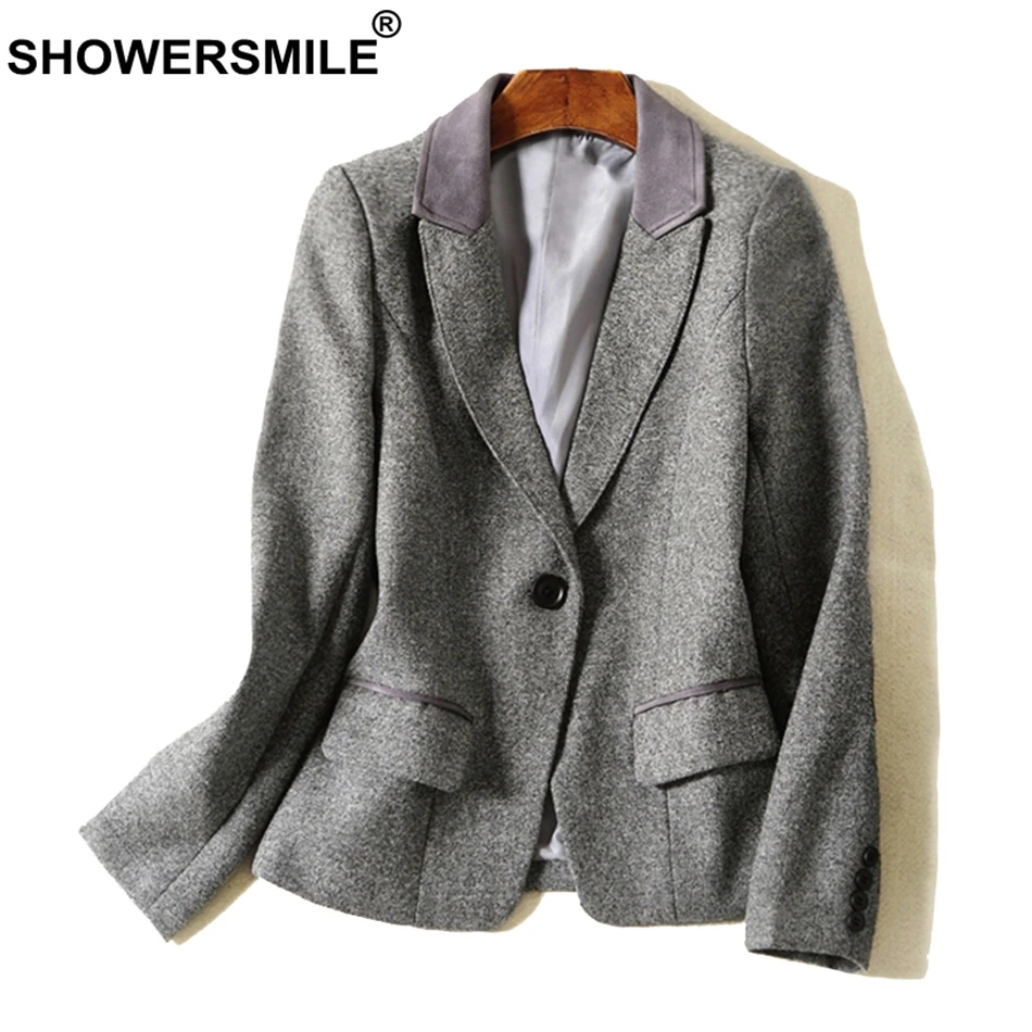 

SHOWERSMILE Winter Blazer Women Grey Wool Tweed Jacket Coat Ladies Herringbone Short Warm British Style Female Casual Clothing