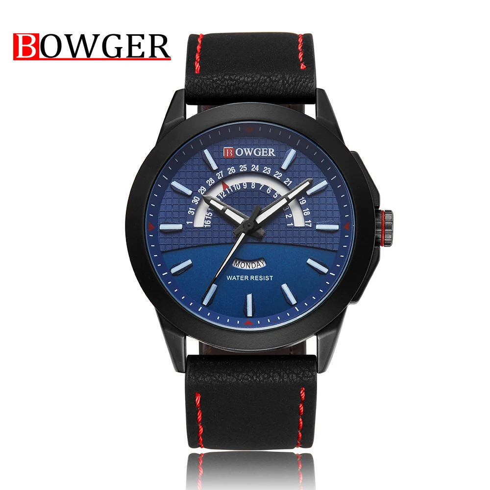 

Fashion Watch Men BOWGER Luxury Brand Quartz Waterproof Multifunction Wristwatch Relogio Masculino Leather Watches