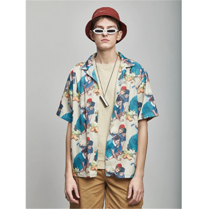 

Uplzcoo New Man' shirt Men Overside Short Sleeve Shirt Top Young Person Beach Shirt printing character vintage TOP L shirt JA186