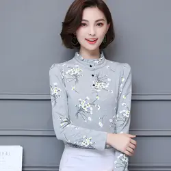 Плюс Размеры 2018 Новый Осень Для женщин рубашки длинный рукав со стоячим воротником номер на Корея блузка серая рубашка 116