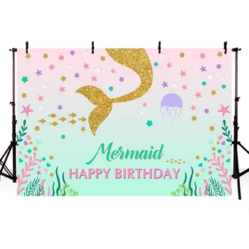 

Mermaid Theme Photography Backdrop Gold Tail Purple Stars Scale Seaweed Girl Background Birthday Decor Banner Photo Backdrops