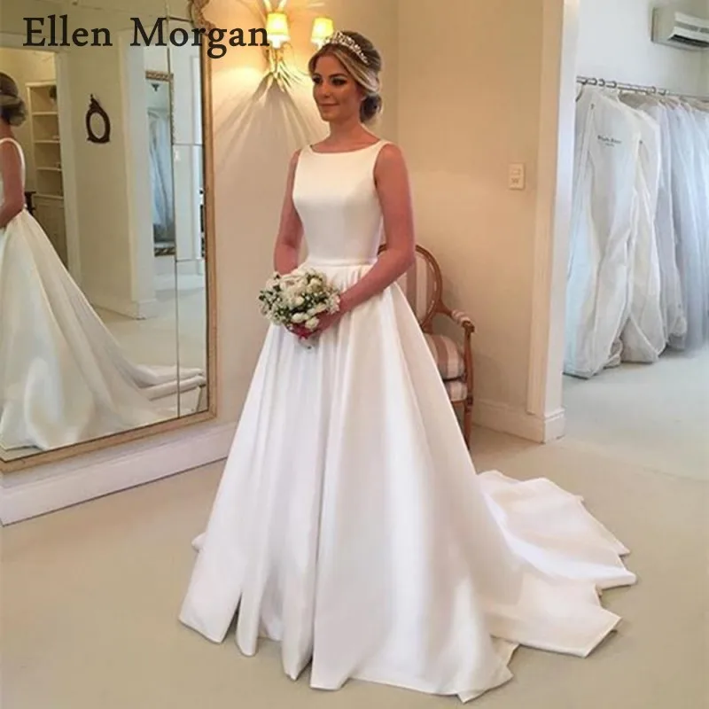 

Summer Beach Sample Wedding Dresses 2019 Sexy Boat Neck Backless Long Court Train Satin Cheap Bridal Gowns for Beautiful Girls
