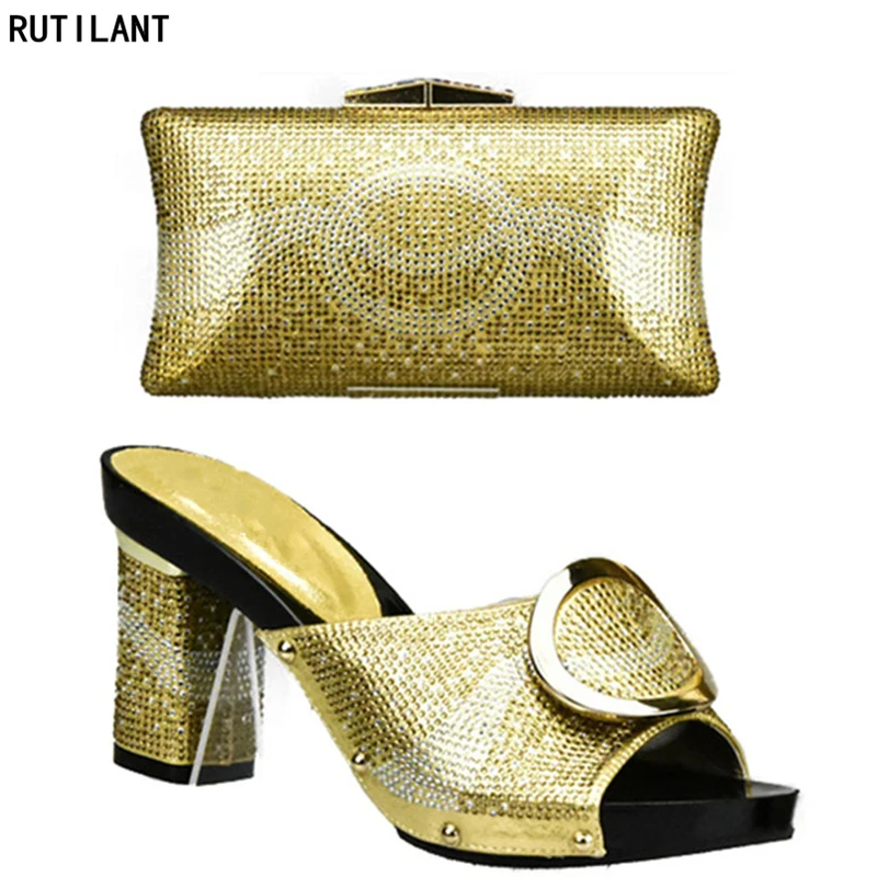 

Gold Color African Shoes and Matching Bags Italian Matching Italian Shoe and Bag Set Decorated with Rhinestone Italy Shoes Bag
