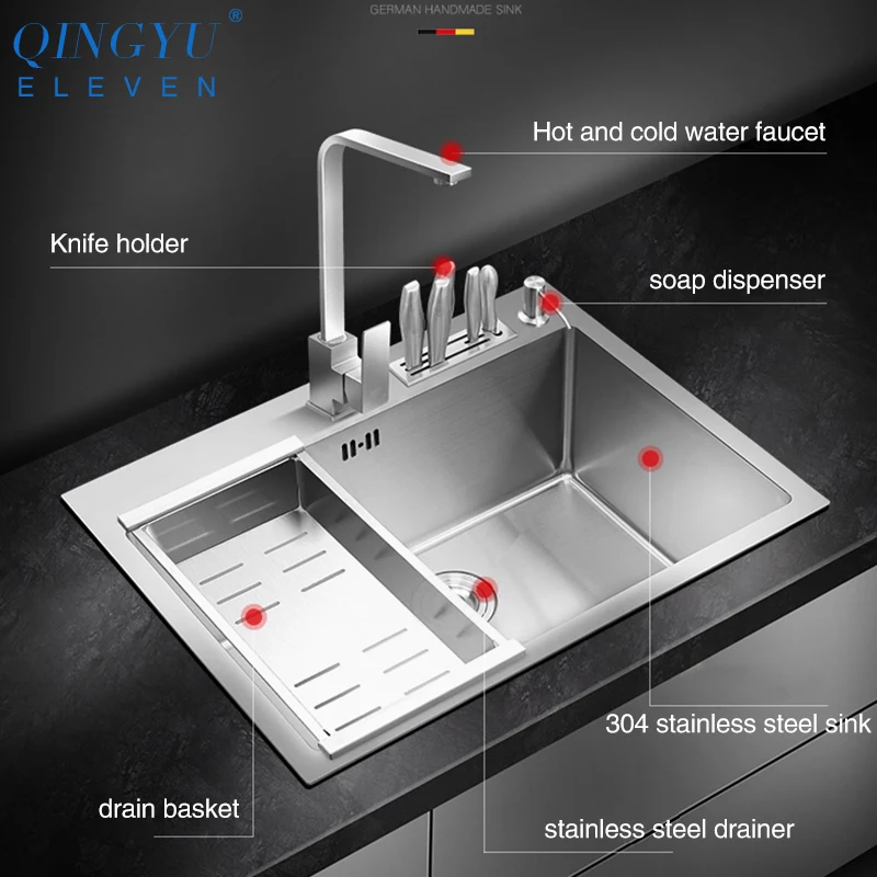 Кухонная раковина большого размера без свинца, ручная работа, матовая 304 нержавеющая сталь, толщина 3 мм, одинарная чаша, кухонная раковина с держателем ножей