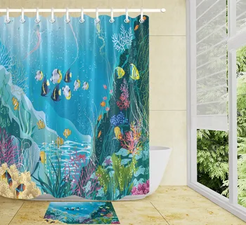 

LB Underwater World Jellyfish Seaweed Coral Shower Curtain Bathroom Curtain Waterproof Polyester Fabric for Bathtub Home Decor