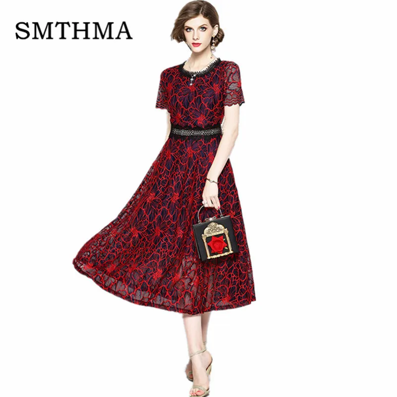 

SMTHMA New arrival summer woman dress high quality Blue red lace dress hollow out Short sleeve Chic Long dress