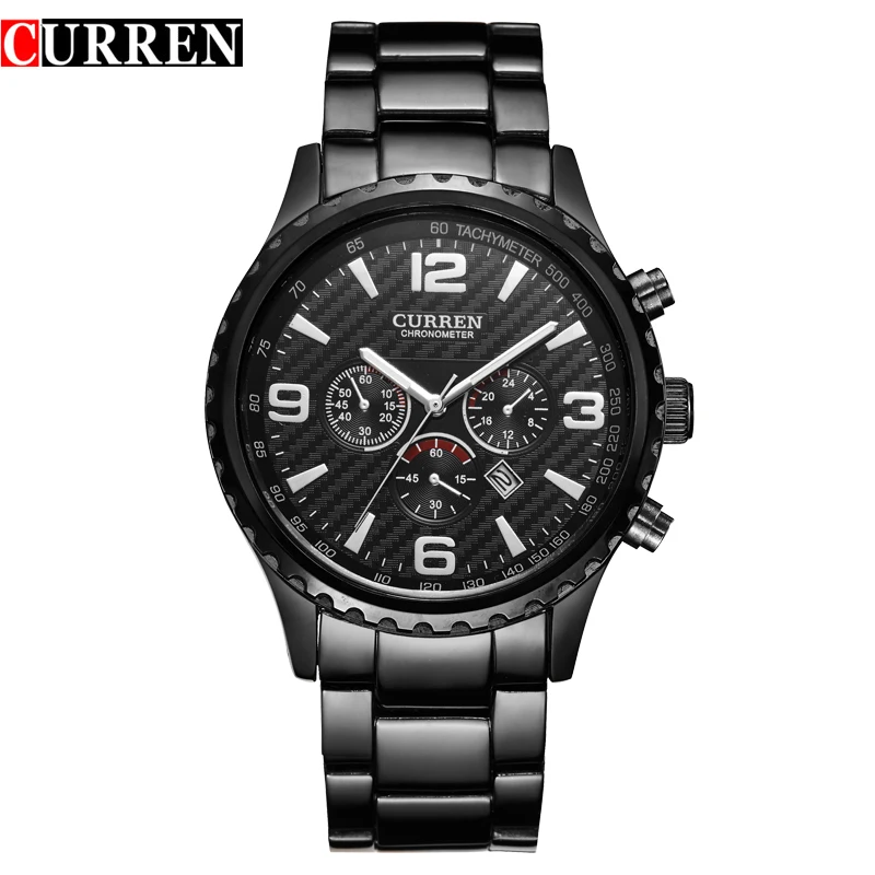 CURREN Black Stainless Steel Calendar Display Fashion Military Wristwatch Men Male Clock Top Brand Luxury Steampunk Quartz Watch