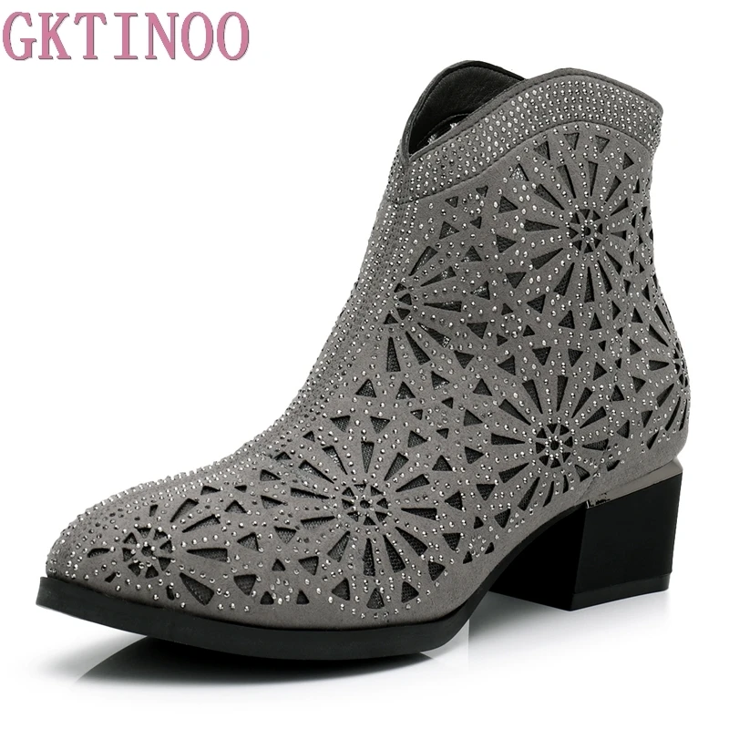 

GKTINOO Crystal Women Boots Hollow-Out Ankle Boots Mesh Summer Boots Zapatos Chaussures Femme Square High Heel Women Shoes