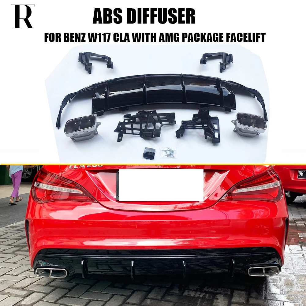 

W117 ABS Glossy Black Rear Bumper Diffuser with Exhaust Tips for Benz W117 CLA200 CLA260 CLA45 Facelift With Amg Package 13 - 19