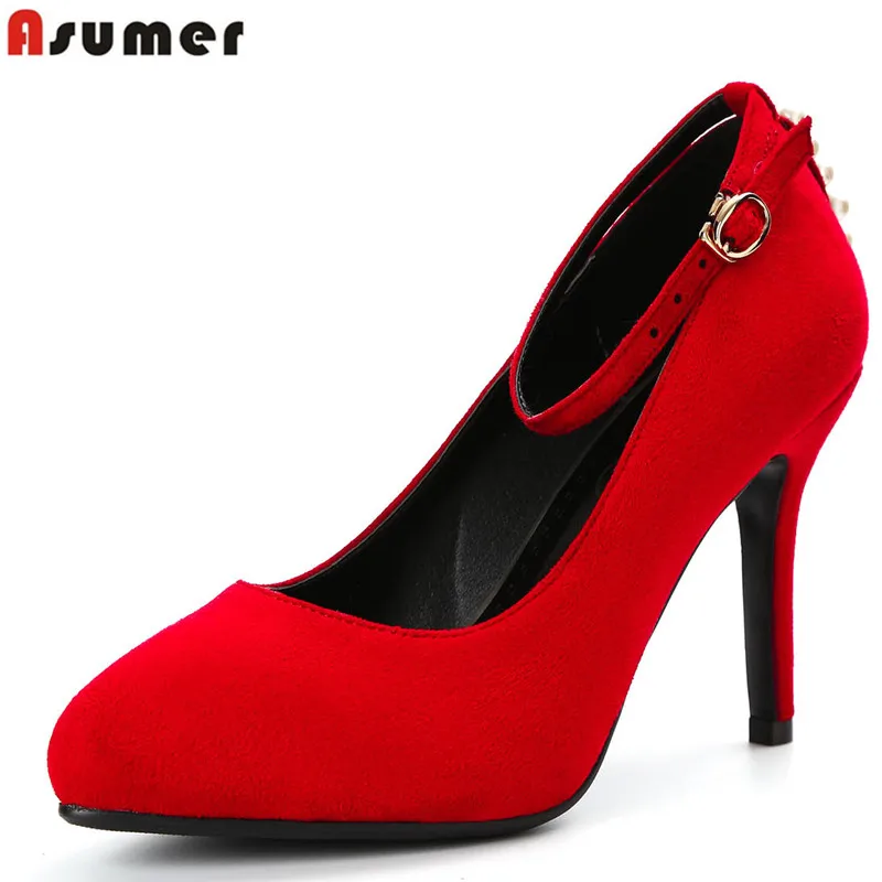 

Asumer 2018 new arrive high quality women pumps ankle strap fashion pointed toe high heels party wedding shoes woman red