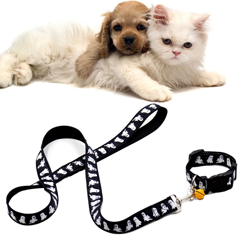 1 Set Halloween Dog Collar & Leashes With Bells Nylon Dogs Collar Lead
