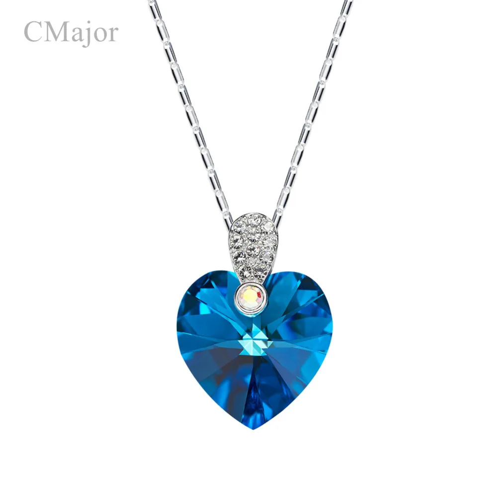 CMajor Simple Heart Pendant Necklaces For Women Blue Crystal Statement Necklace With White
