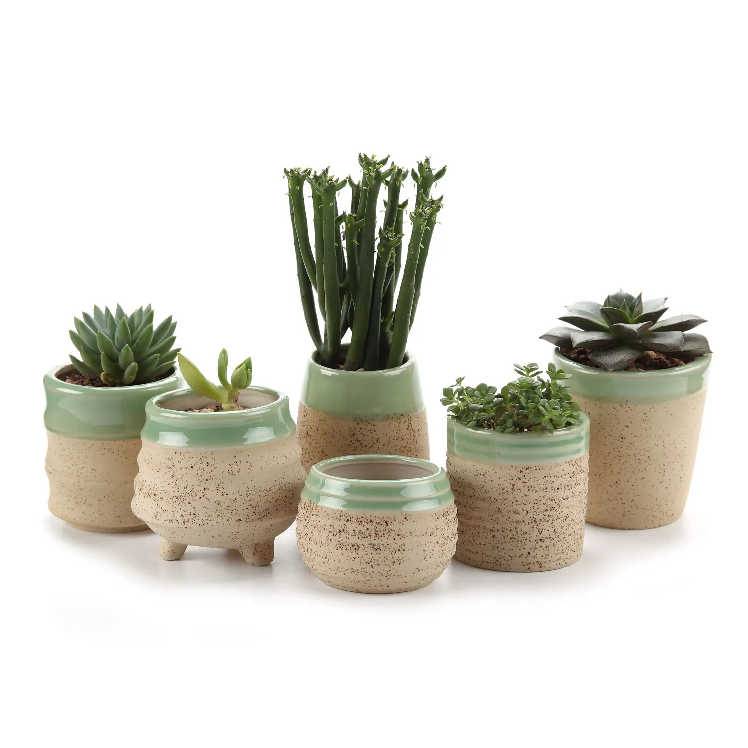 

T4U Glazed Pottery Clay Set succulent Plant Pot/Cactus Plant Pot Flower Pot/Container/Planter Beige Package 1 Pack of 6