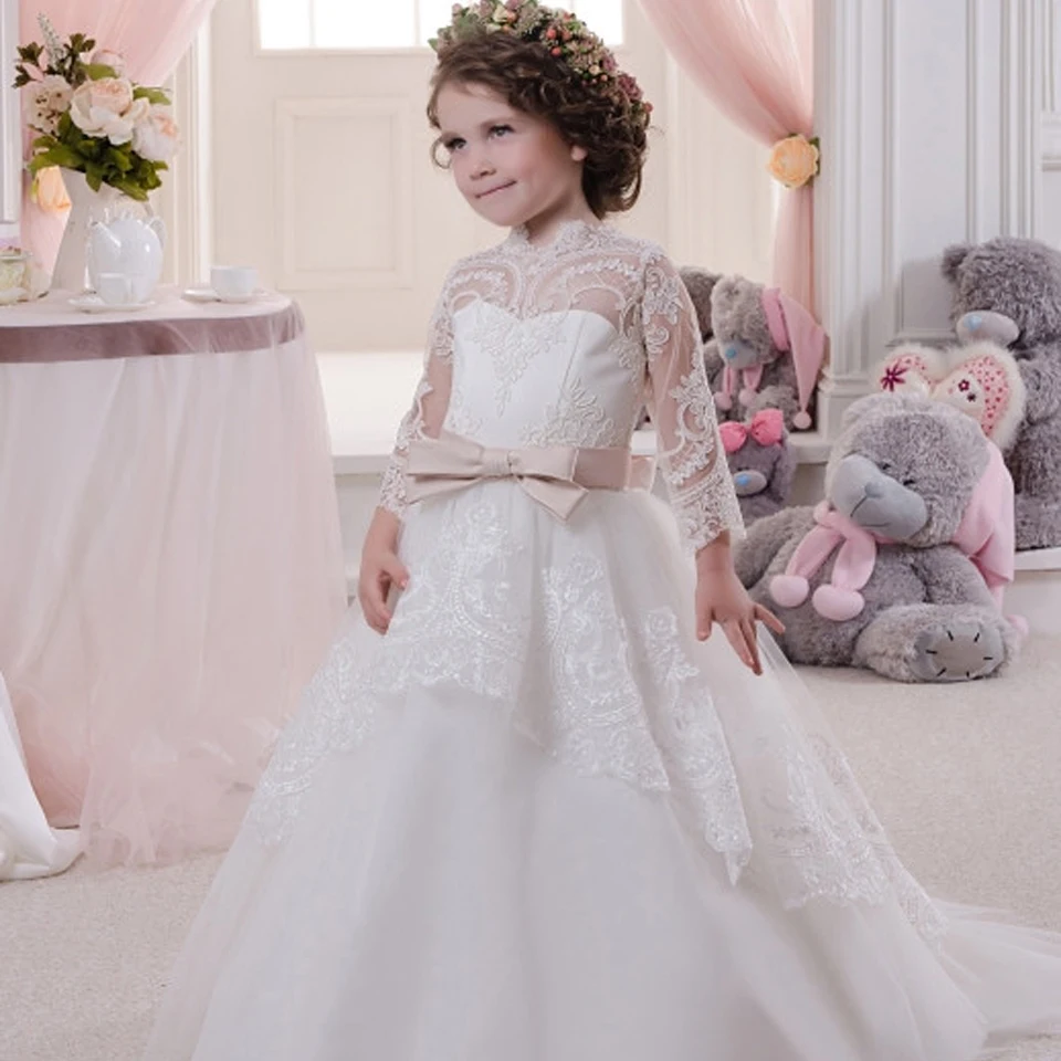 Flower Girl Dresses for Weddings White Long Sleeves High Neck Back Button A-Line Bow Sashes 2016 Sweet First Communion Dresses
