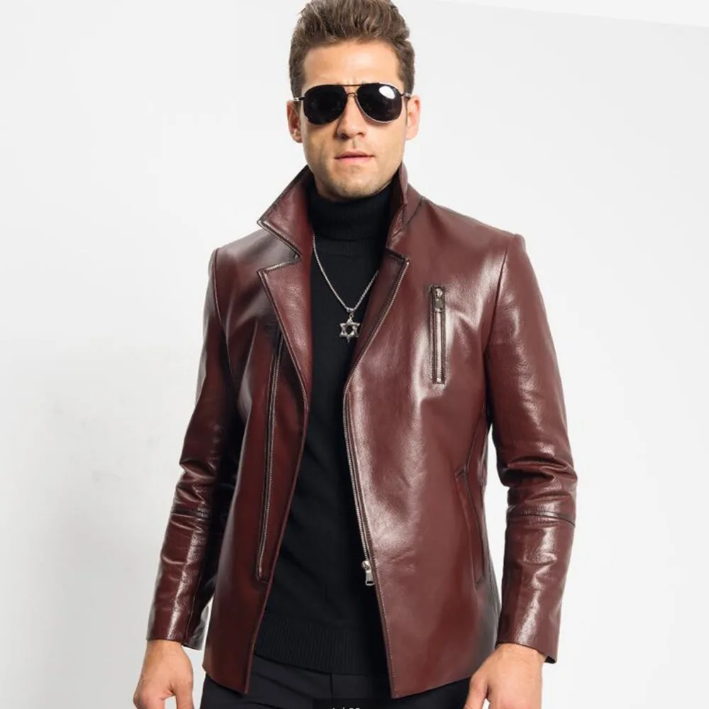 Men's Leather Jacket Menfolk Red Black Genuine Sheepskin Lapel Coat ...