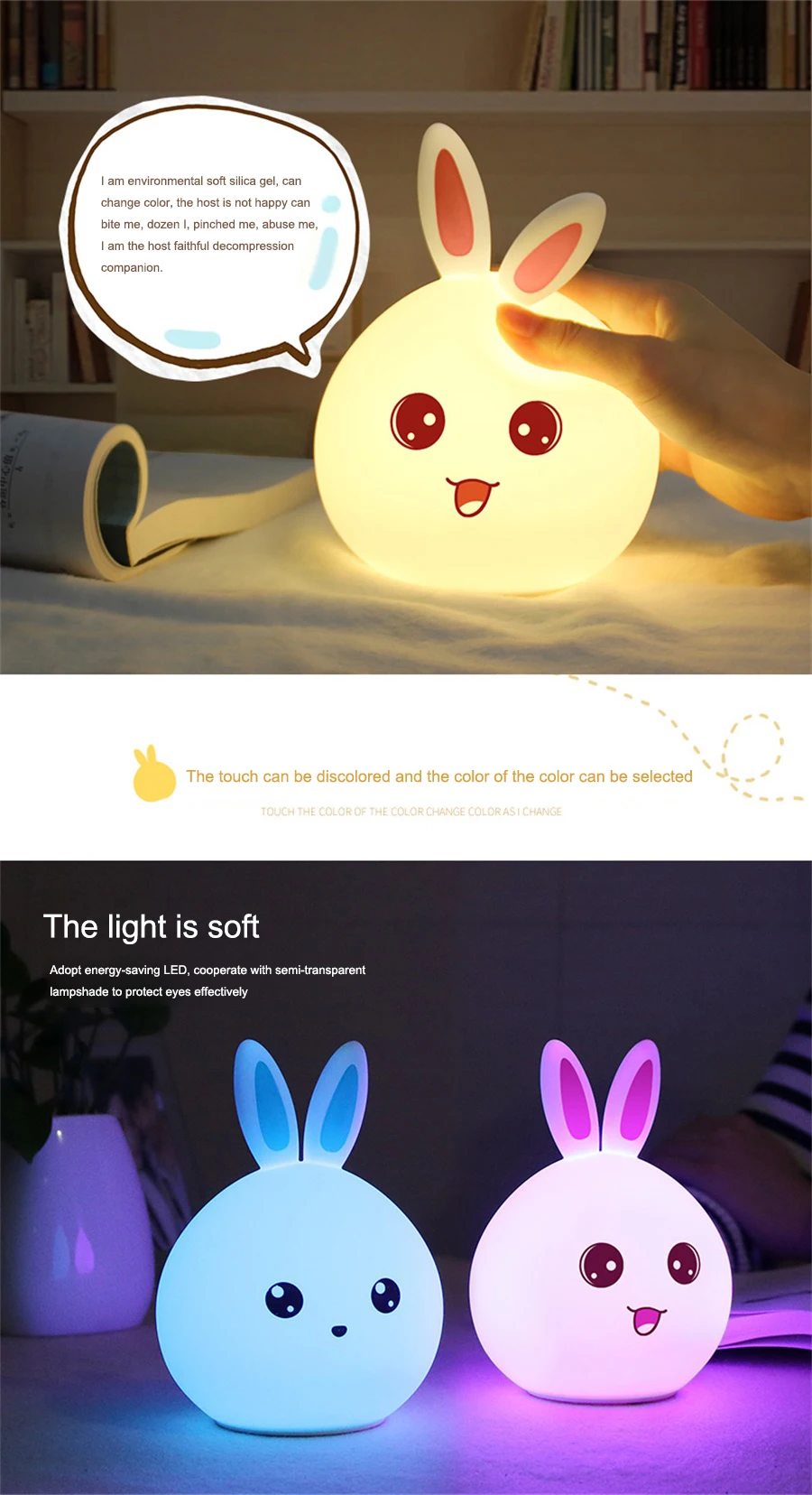 Светодиодный милый кролик ночной Светильник USB Перезаряжаемые Детские Спальня силиконовый decora ночника сенсорный Сенсор светильник для детей подарок для ребенка