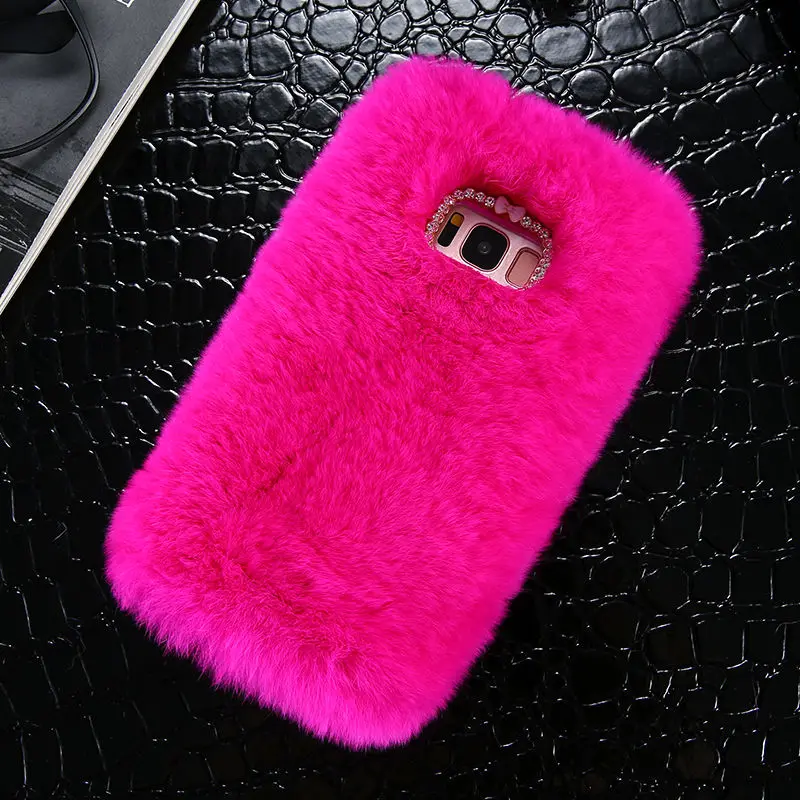 Рамочный чехол Кролик Меховой чехол для samsung J2 J3 J5 J7 A3 A5 A7 пушистый корпус гладкий Чехол для samsung S5 S6 S7 край S8 S8 плюс - Цвет: Hot Pink