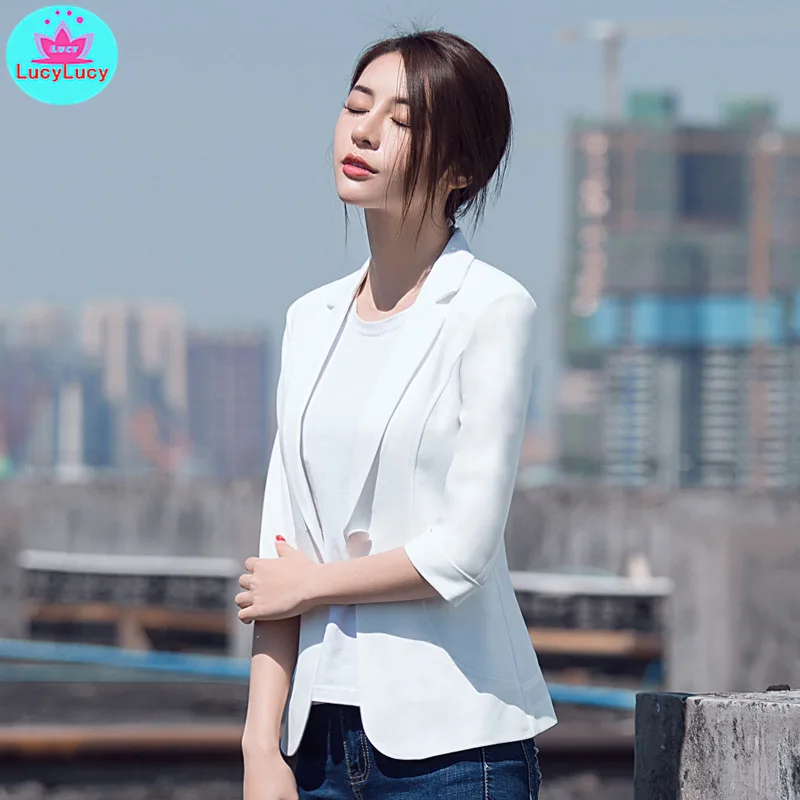 Fashion 2019 summer Korean version of the OL temperament women's suit collar seven points Slim suit Notched  Single Breasted
