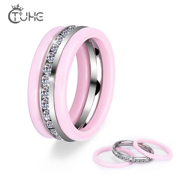 

3pcs/Set Stainless Steel Ceramic Women Rings With Bling Crystal Purple Pink Blue Black White Women Rings Wedding Christmas Gift