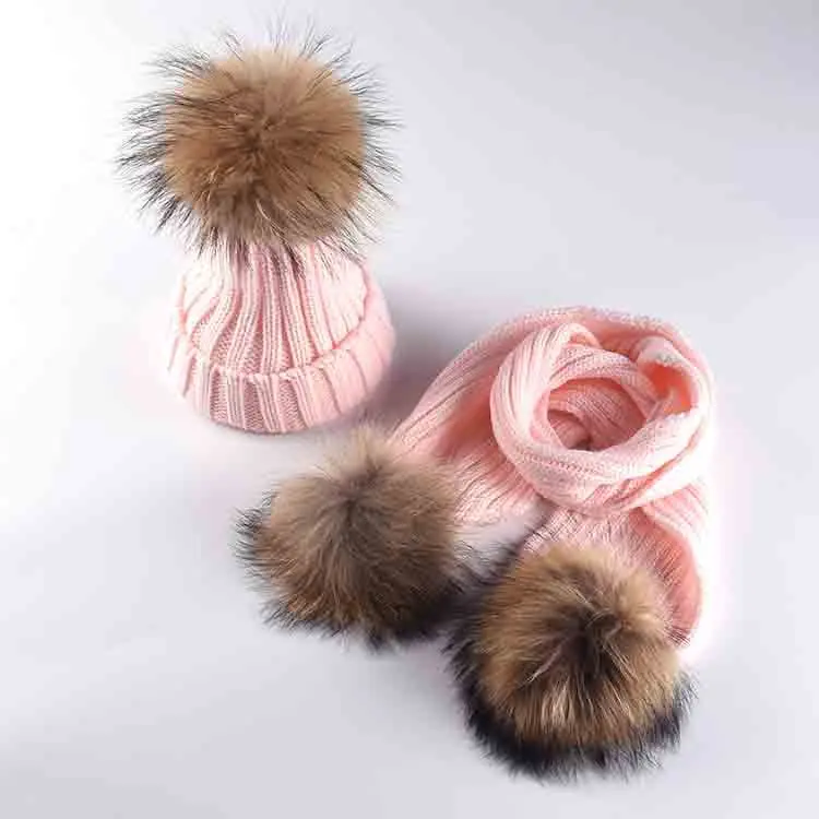 Зимняя детская теплая Толстая шляпа шарф-перчатка, комплект из 2 предметов, вязанный Натуральная шерсть, шапка с помпоном, комплекты детские вязаные шапки шарфы-кольца для мальчиков и девочек - Цвет: pink