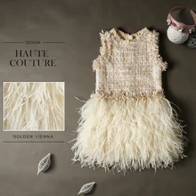 Платье ручной работы с мехом и перьями; кружевное платье для малышей; Пышное шерстяное платье принцессы с блестками; костюмы из тюля для девочек на свадьбу и день рождения