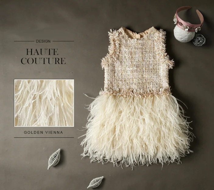 Handmade fur feather dress Baby Lace Dress Princess Puffy Maxi...
