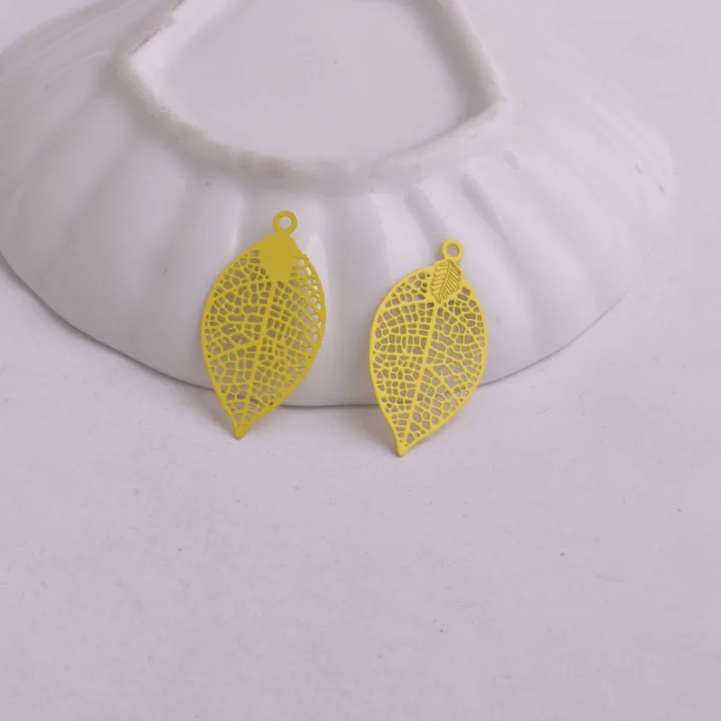 Set of 50 Painted Brass Leaf Charms - Elegant Filigree Pendants