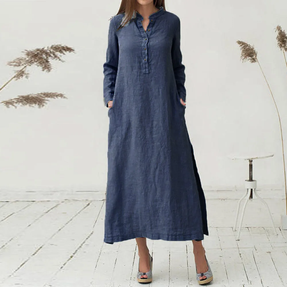 

Summer Sundress Women Dress Kaftan Cotton Long Sleeve Straight Plain Casaul Oversize Maxi Shirt Dress Plus Size L506