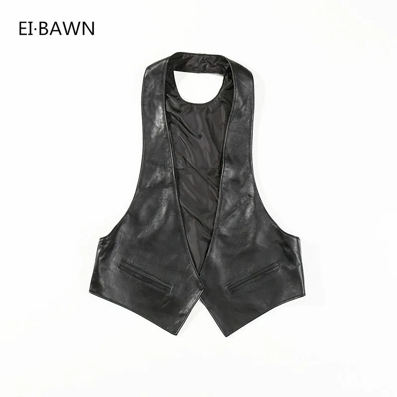 Perforé Sans De Véritable V Coréen Bawn Vêtements Noir D'équitation Femme Pour En Cuir Agneau Moto Mode Gilet Col Manches Ei YAvqUw6U