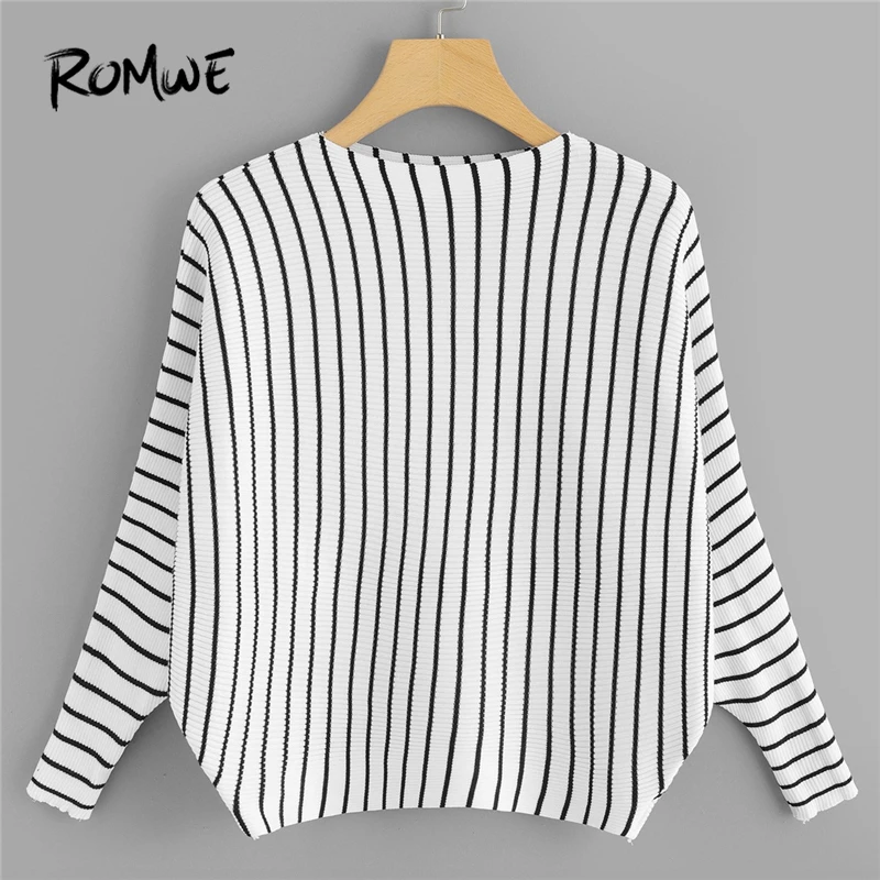 ROMWE Black And White Striped Round Neck Sweater Women Casual Autumn Long Sleeve Jumper Clothes Ladies Spring Pullovers Sweater
