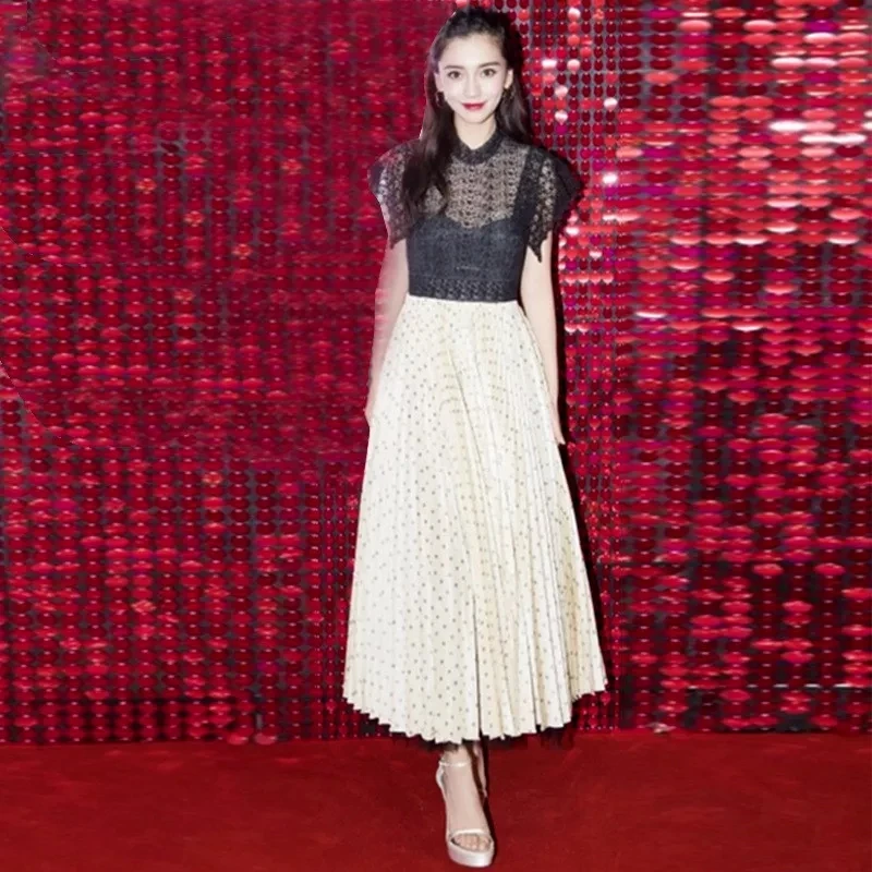 

Vestidos Women's Runway Sexy Lace Patchwork Chiffon Dress Summer Short Sleeve Polka Dot Pleated Dress Elegant Party Long Dresses