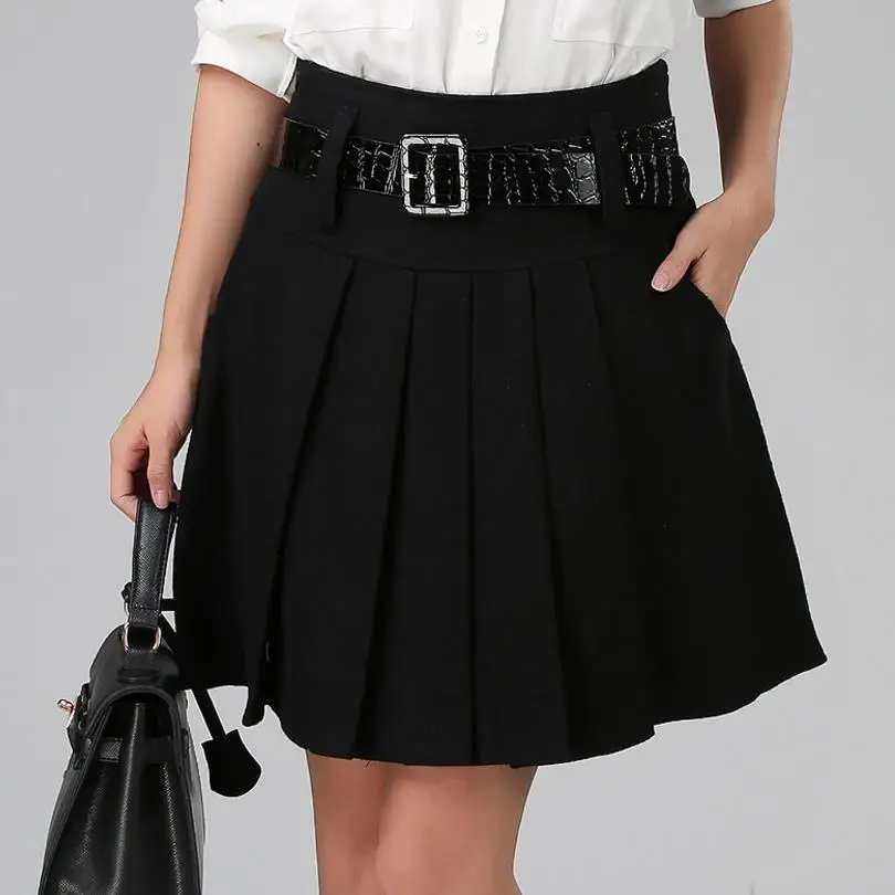 Новая осенне-зимняя женская юбка Ol размера плюс, Повседневная плиссированная юбка с высокой талией, шерстяные женские юбки - Цвет: Черный