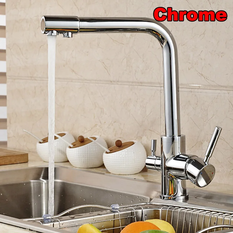 Хром золотой двойной Носик Ванная комната Кухня Очистка кран питьевой чистой воды кран двойная ручка горячей и холодной смесители - Цвет: Chrome