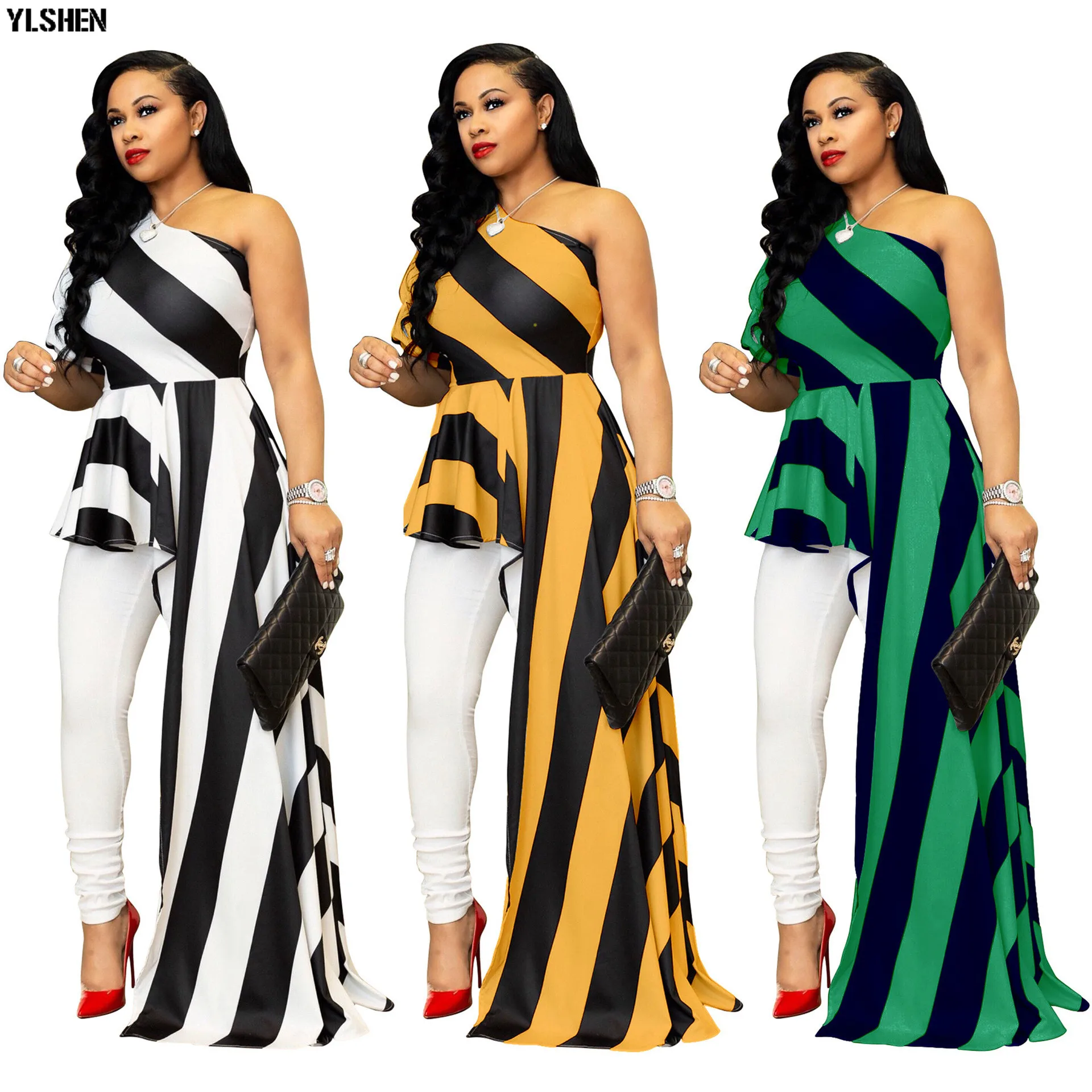 

Plus Size African Dresses for Women Dashiki Stripe African Clothes Bazin Rich Sexy One Shoulder Evening Long Ankara Africa Dress