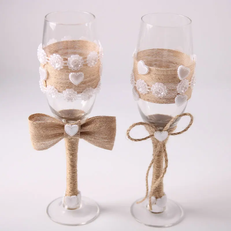 

2pcs/set jute burlap Wedding Glass Wedding Champagne ToastingFlutes with bowknot and crystal for Rustic Wedding Decoration