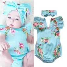 Комбинезон с цветочным рисунком для новорожденных девочек, комбинезон, повязка на голову, комплект одежды для малышей 0-24 месяцев
