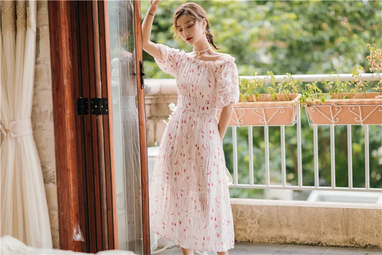 SWEETXUE Summer Vintage Floral Print One Neck Dress Puff Sleeve High Waist Lace-Up Chiffon Loose Beach Holiday Long Dress Women