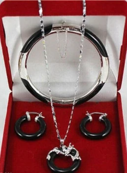 

genuine Natural black jade silver dragon pendant earrings bracelet set +box
