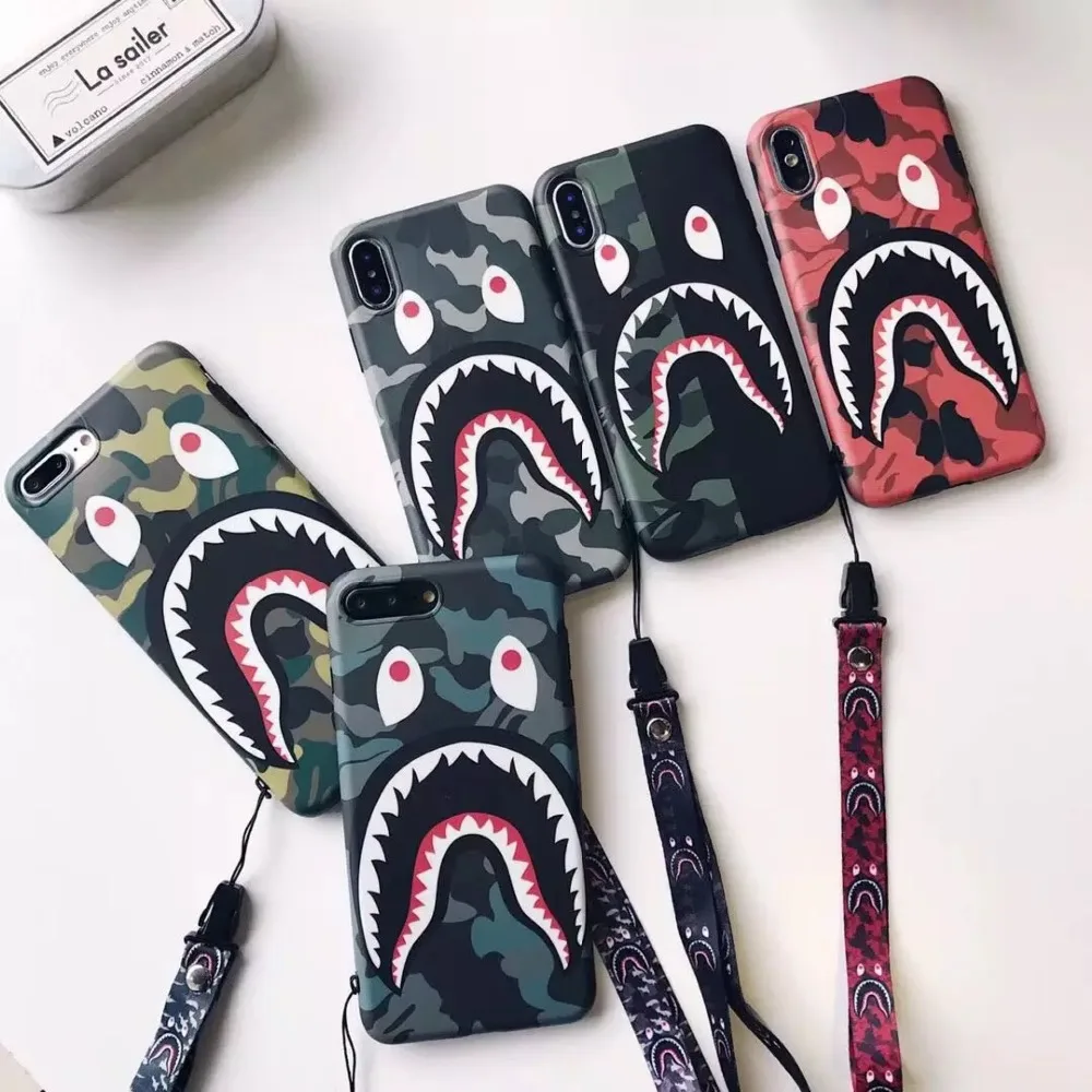 

Fashion Tide shark Mouth With Strap Matte Soft Silicone Phone Case for iphone 6 S plus 7 7plus 8 8plus X XS XR MAX Capa Coque