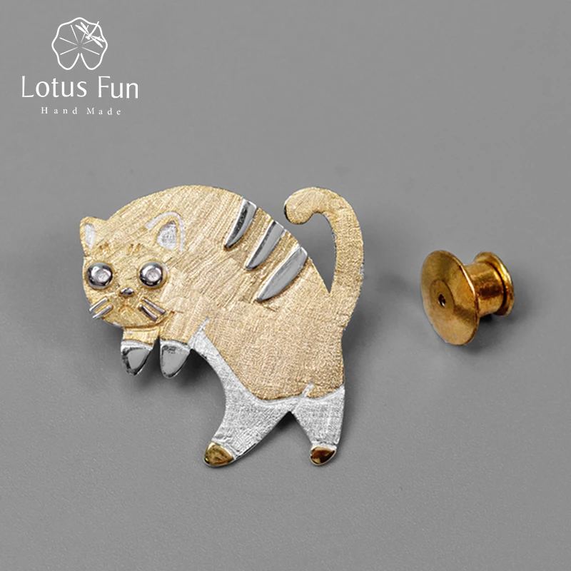 

Lotus Fun Real 925 Sterling Silver Handmade Fine Jewelry Lovely Scared Cat Design Brooches For Women Cute Gift