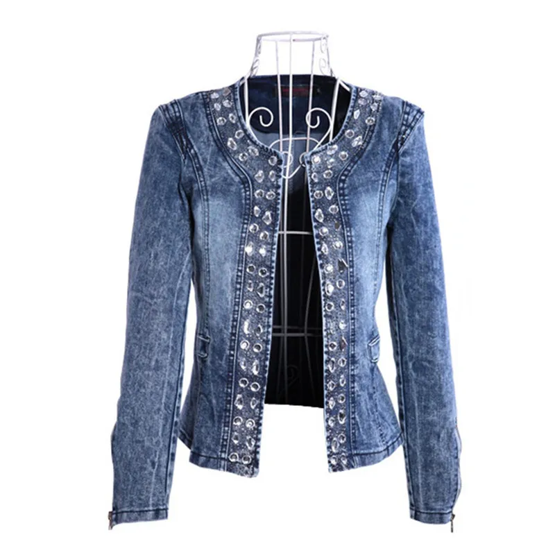 

Vintage O-neck Short Jeans Jacket Women Rhinestone Sequin Slim Denim Coat Female Spring Elastic Patchwork Cowboy Cardigan S-4XL