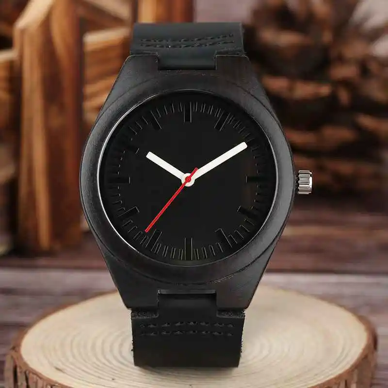 

Luxury Black Ebony Wood Watch Creative Men's Natural Wooden Clock Male White Analog with Black Genuine Leather Quartz Wristwatch