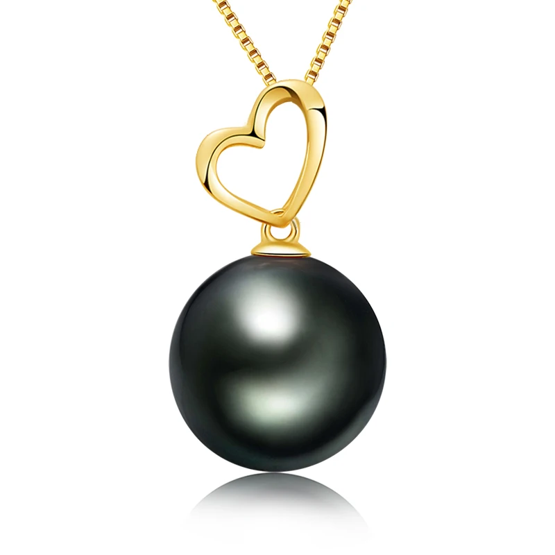 AINUOSHI 18K Solid Gold Black Pearl Pendant Hollow Heart Natural Tahitian Pearl Women Wedding Pendant With Silver Necklace(Gift