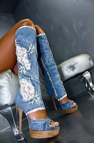 

High Quality Blue Denim Peep Toe Knee High Sandals Boots Cut-out Lace Jeans Glatiator Sandals Boots Women Size 34-41